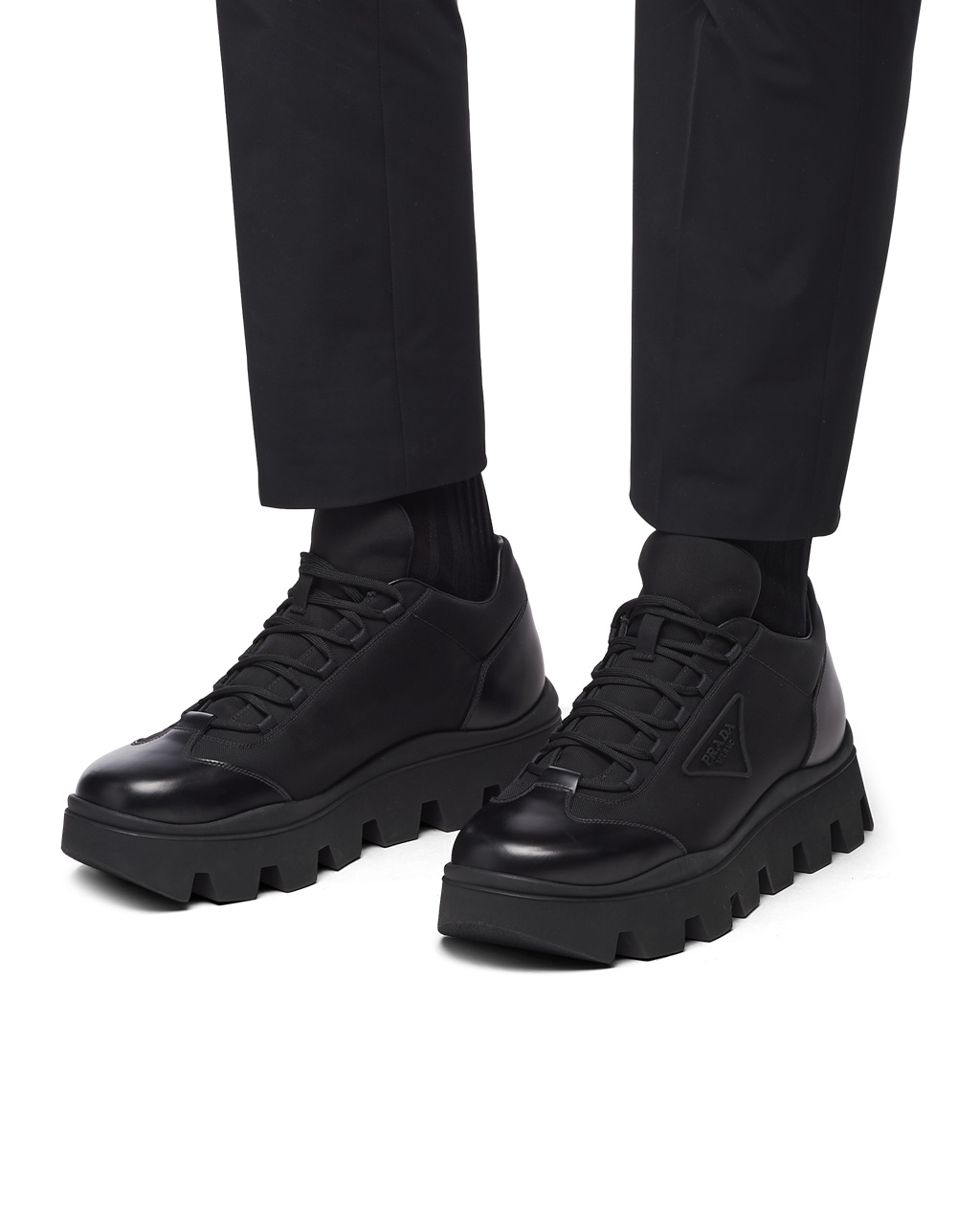 Prada Brushed Leather And Nylon Sneakers Black | 9325CLETP