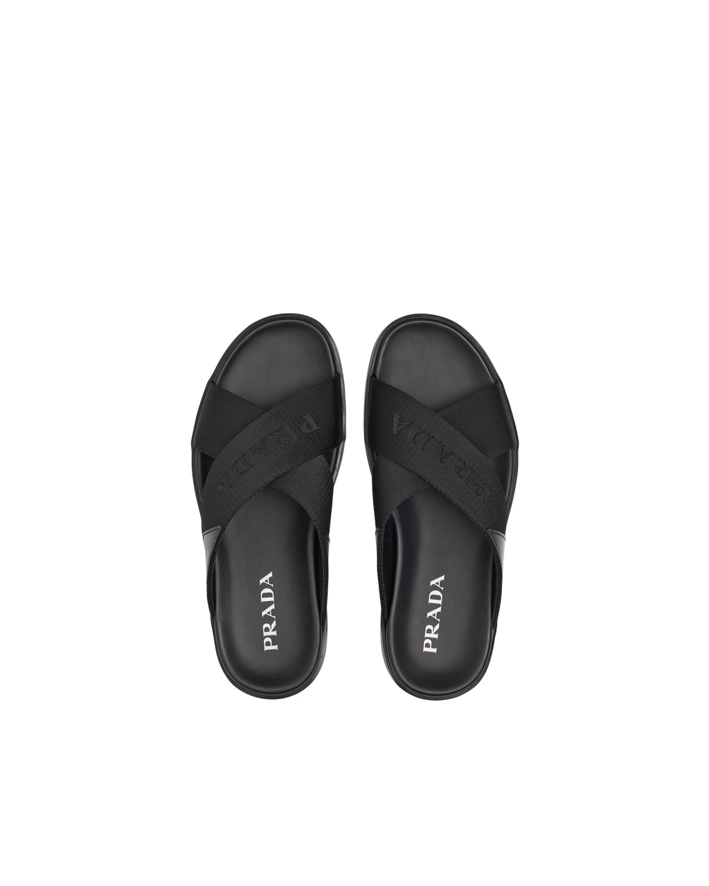 Prada Brushed Leather And Nylon Tape Crisscross Slides Black | 4183SLXEC