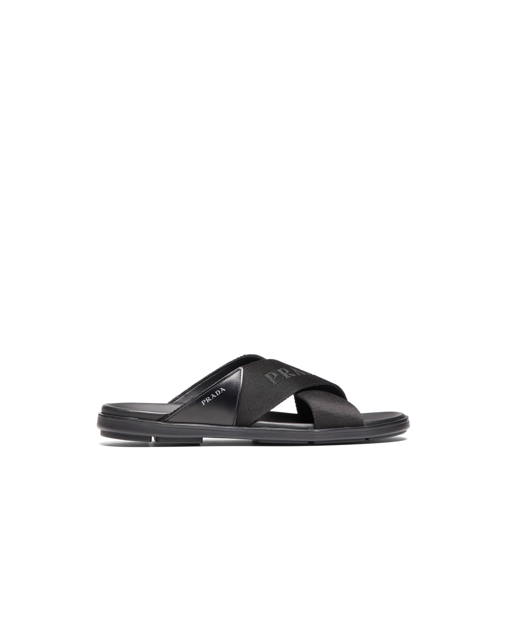 Prada Brushed Leather And Nylon Tape Crisscross Slides Black | 4183SLXEC