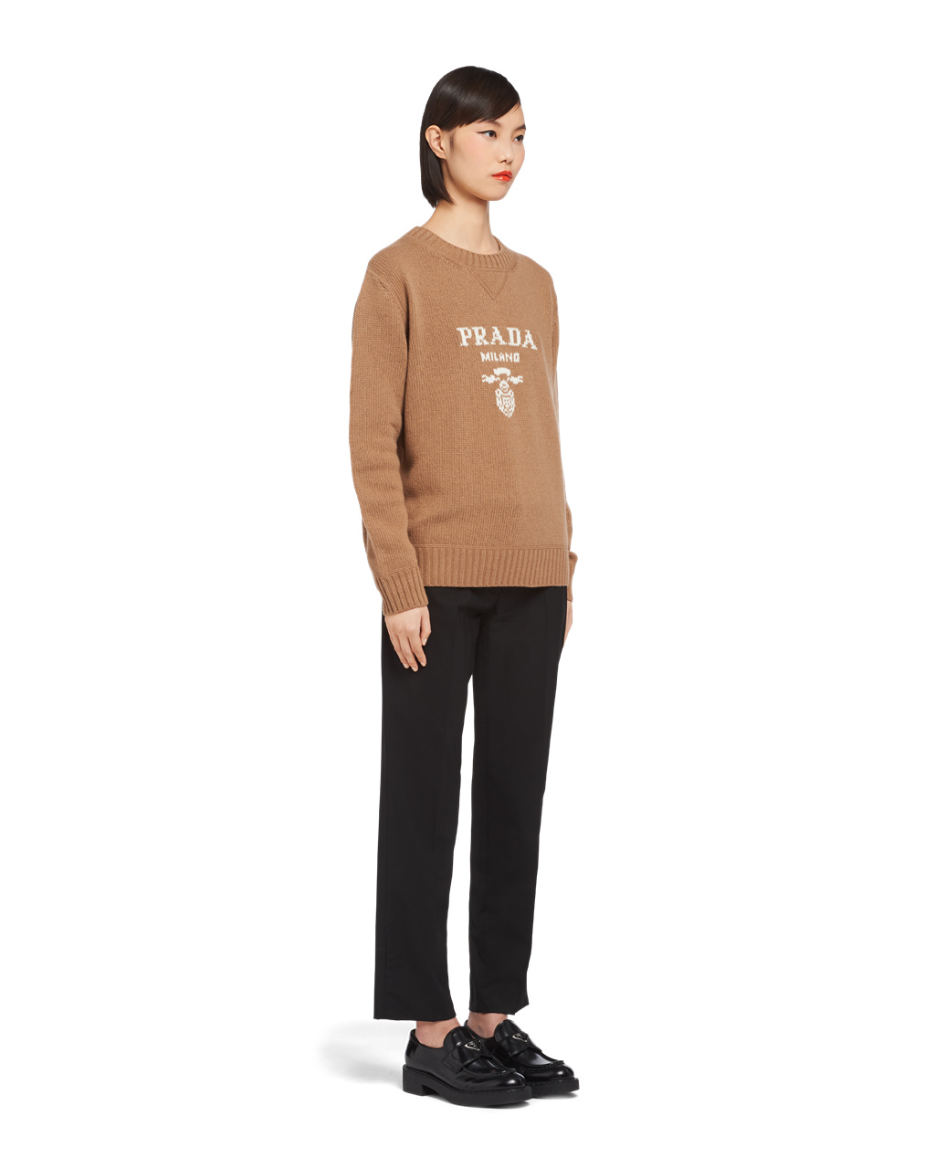 Prada Cashmere And Wool Prada Logo Crew-neck Sweater Camel Brown | 3687GKIRC