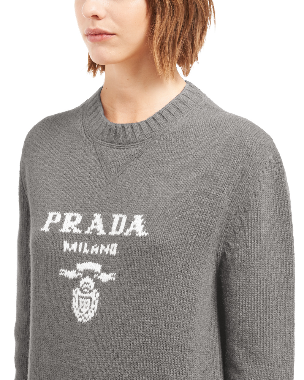 Prada Cashmere And Wool Prada Logo Crew-neck Sweater Grey | 9285ZSBRW