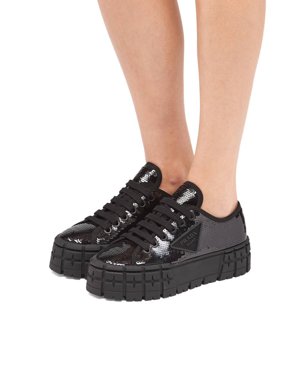 Prada Double Wheel Sequin Sneakers Black | 0764DSCOZ