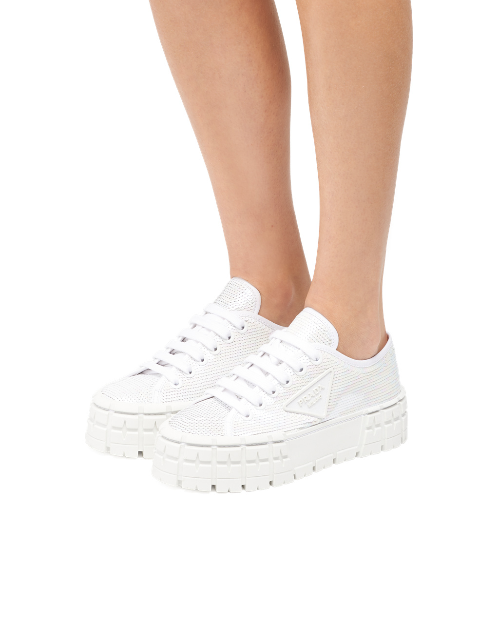 Prada Double Wheel Sequin Sneakers White | 1675HNGJI