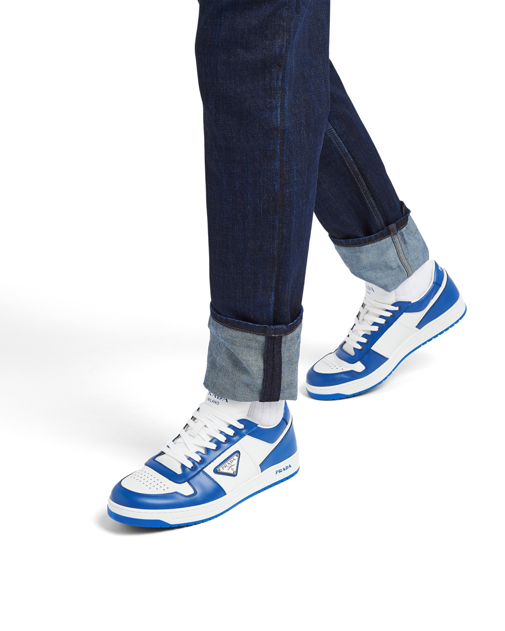 Prada Downtown Leather Sneakers White / Cobalt Blue | 4186UPXGZ