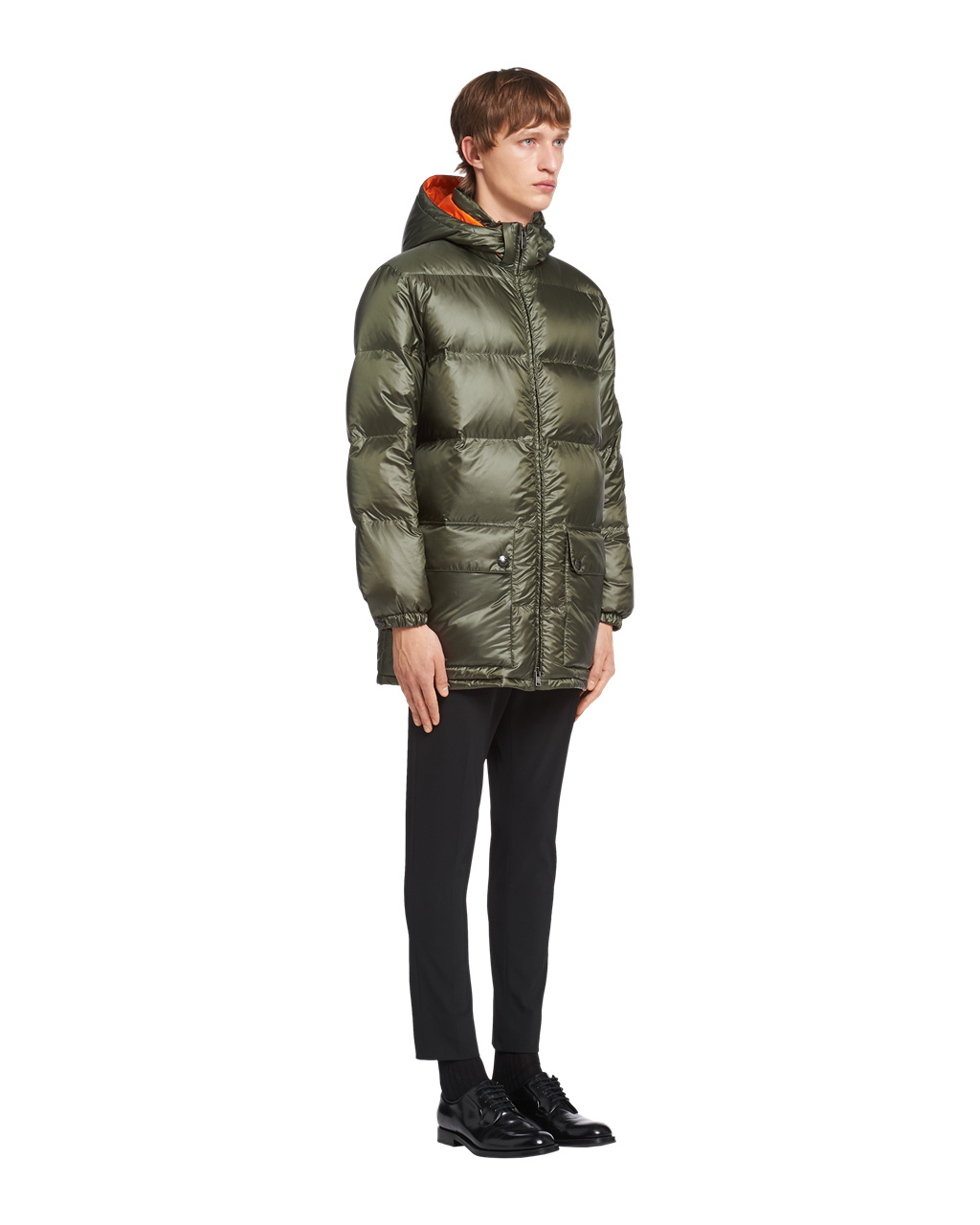 Prada Hooded Nylon Down Jacket Sage Green / Orange | 2438NCQVJ