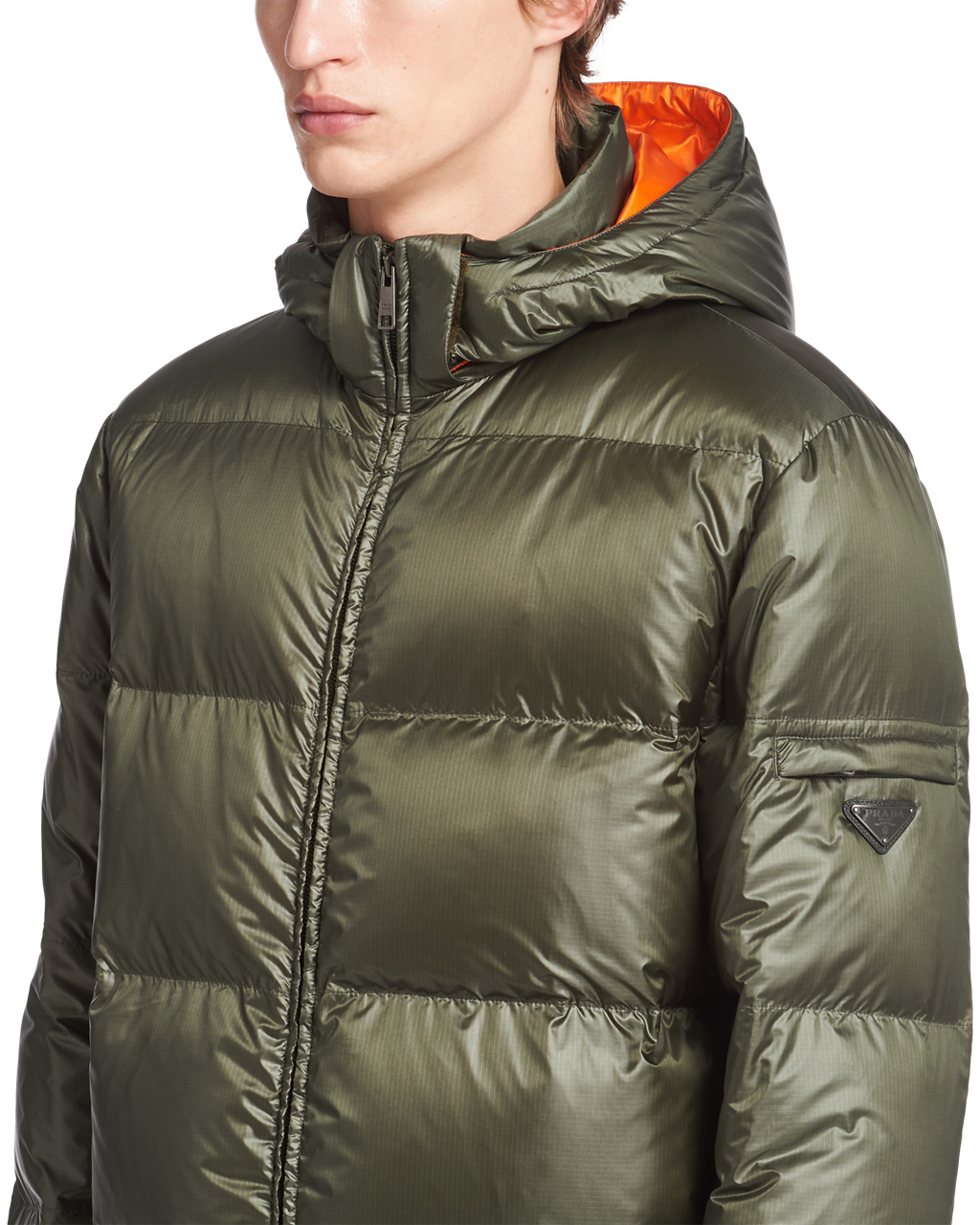 Prada Hooded Nylon Down Jacket Sage Green / Orange | 2438NCQVJ