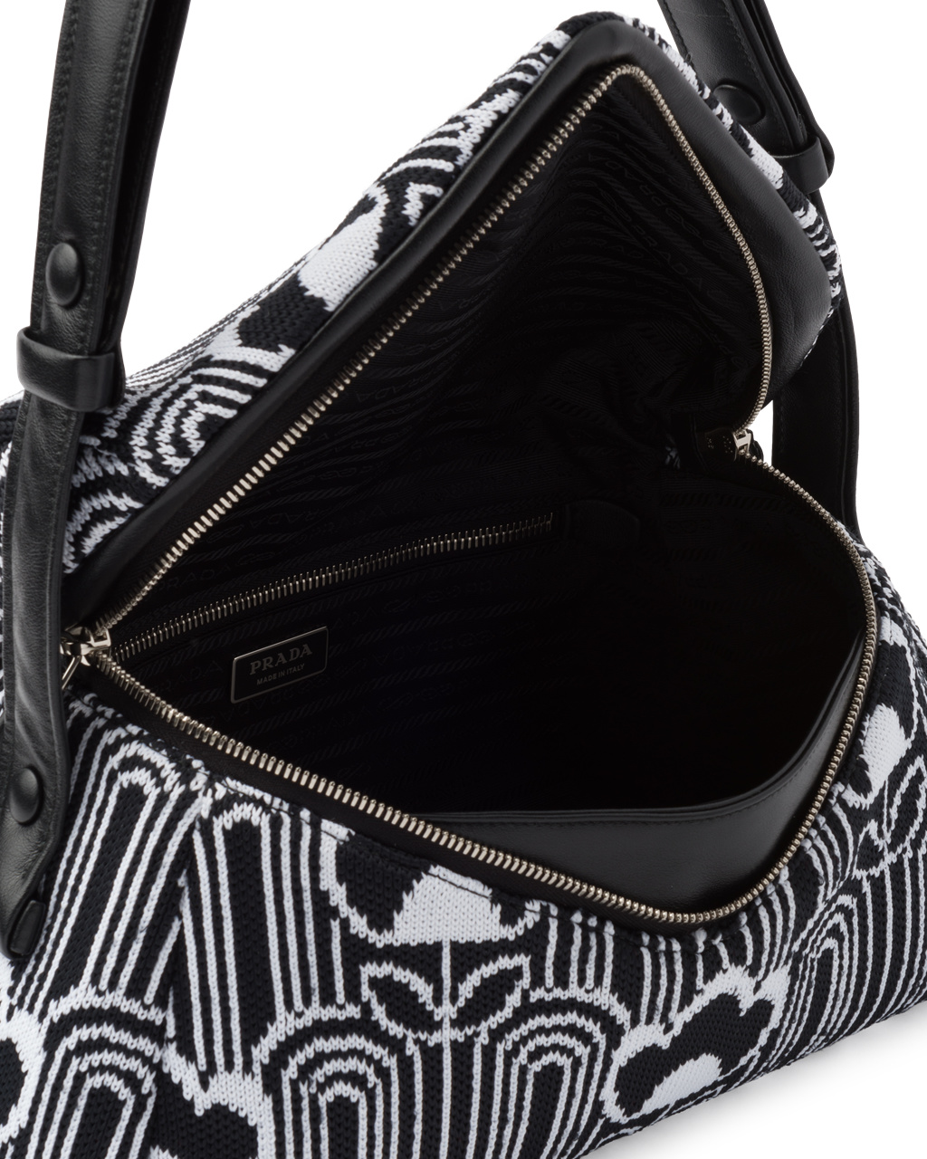 Prada Jacquard Knit And Leather Prada Signaux Bag Black / White | 6134LUQKE