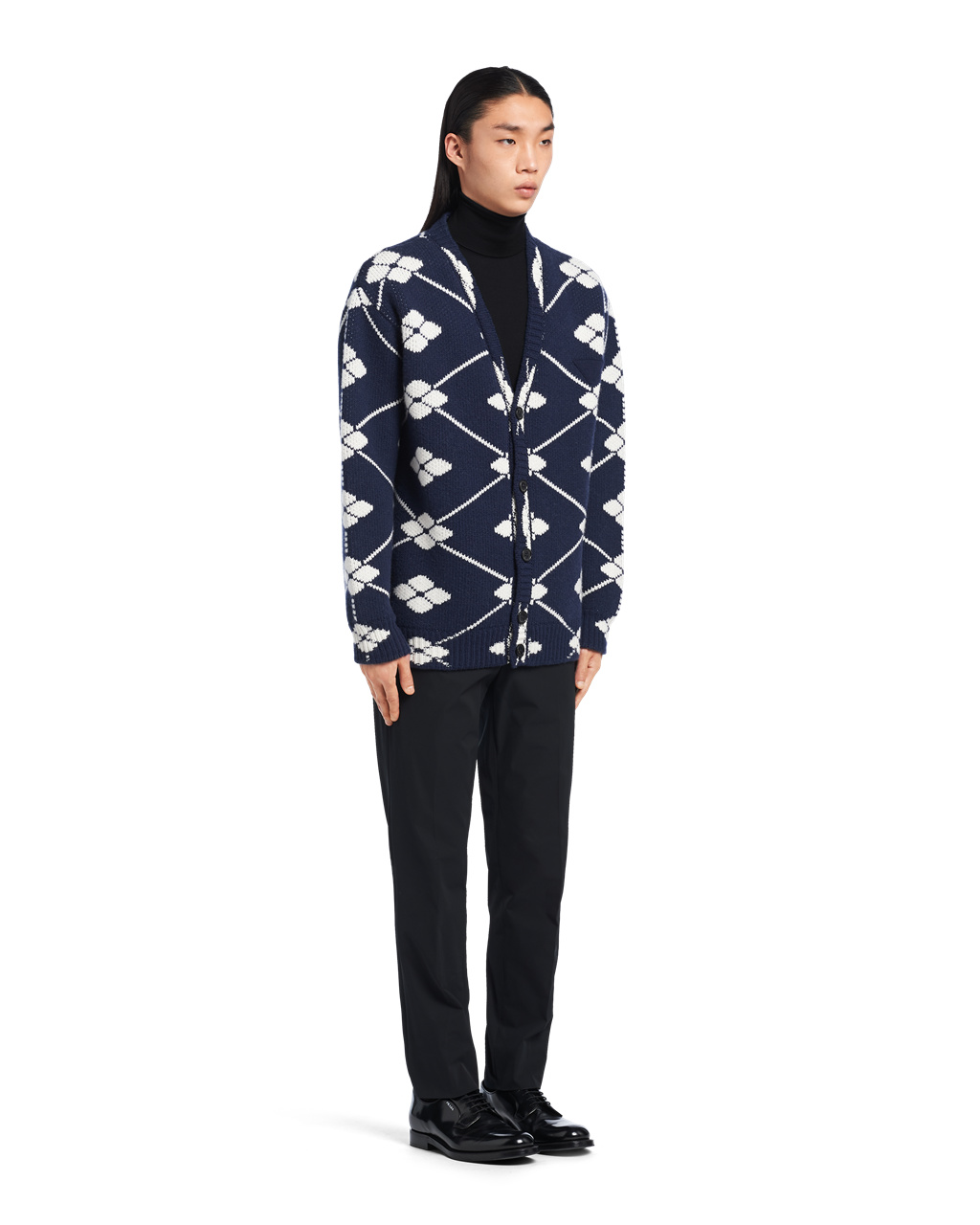 Prada Jacquard Wool And Cashmere Cardigan Navy | 6125NAVGJ