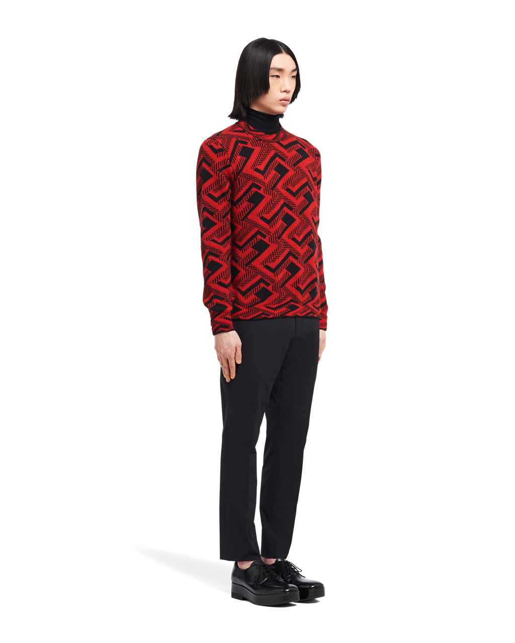 Prada Jacquard Wool And Cashmere Crew-neck Sweater Black / Red | 5278OBMIU