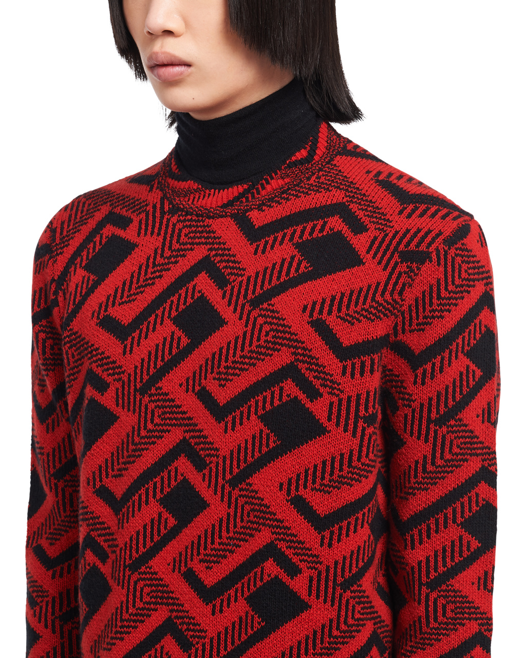 Prada Jacquard Wool And Cashmere Crew-neck Sweater Black / Red | 5278OBMIU