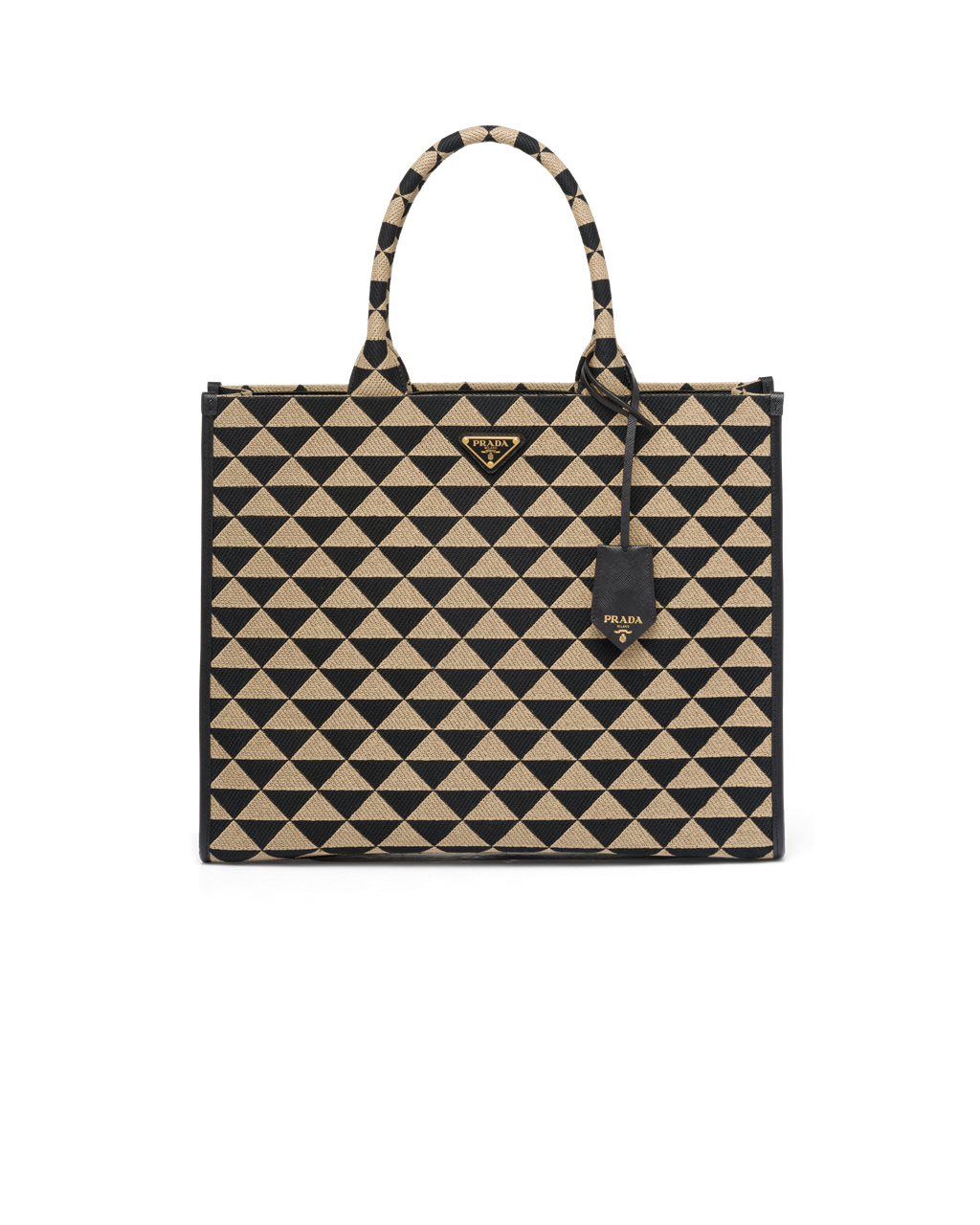 Prada Large Prada Symbole Jacquard Fabric Handbag Black / Beige | 9275MGOTC