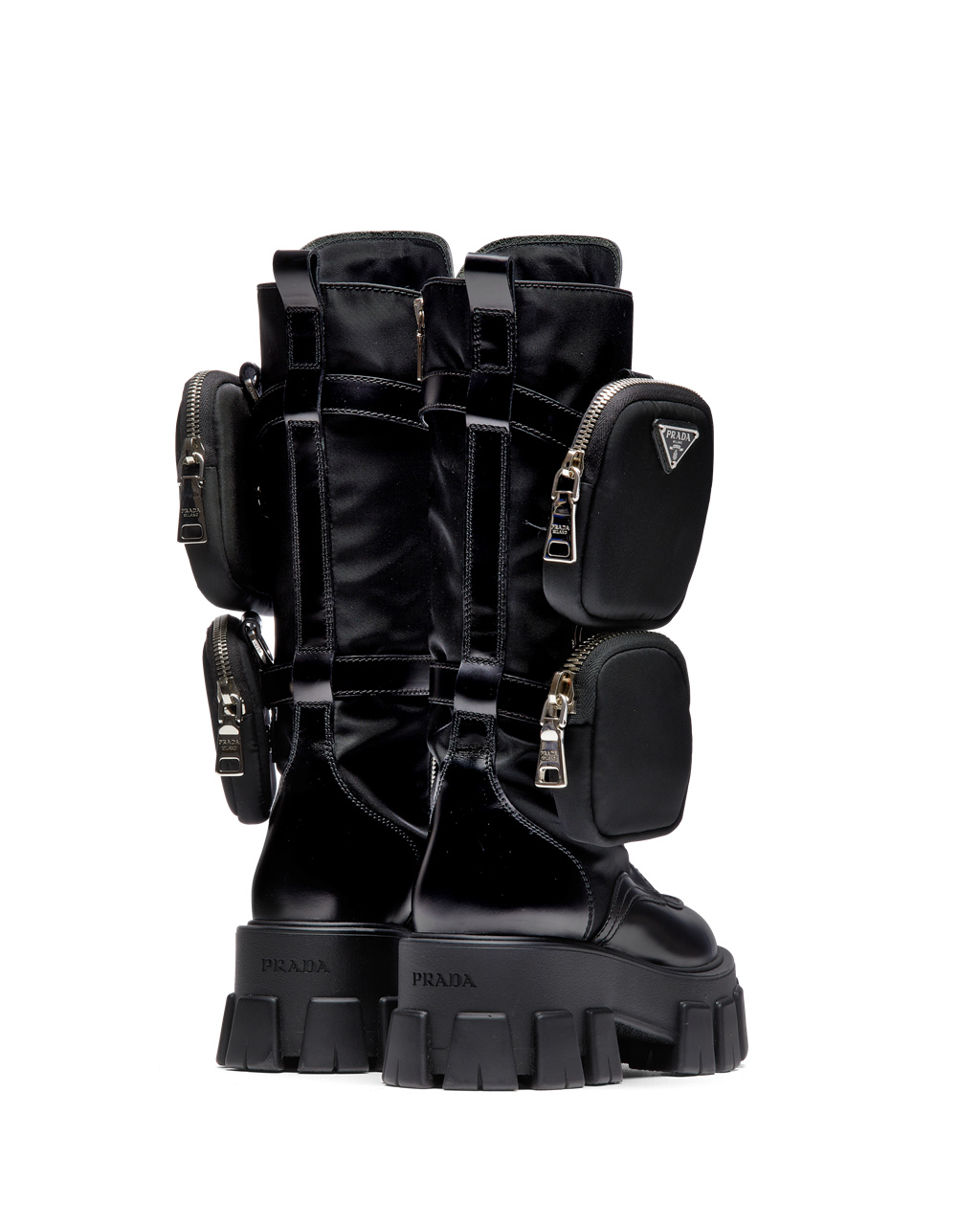 Prada Monolith Brushed Rois Leather And Nylon Biker Boots Black | 1504TGUAL