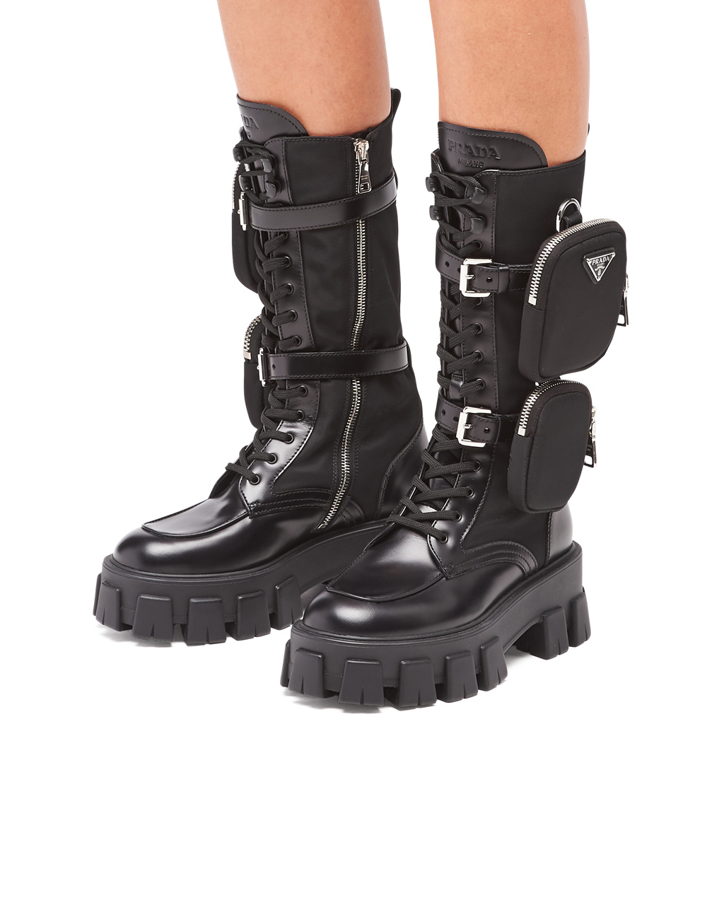 Prada Monolith Brushed Rois Leather And Nylon Biker Boots Black | 1504TGUAL