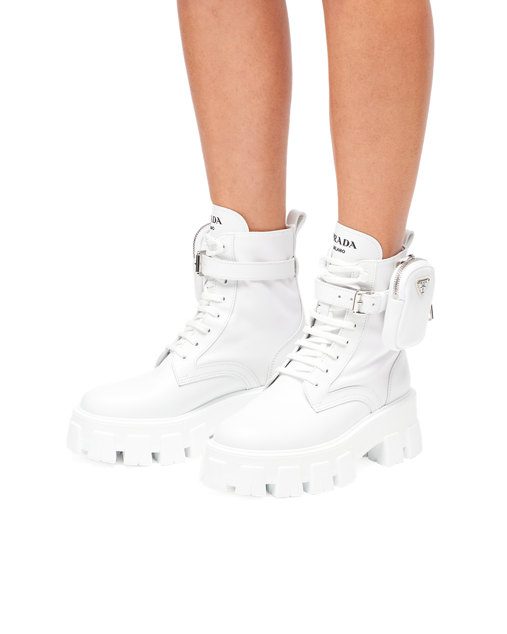 Prada Monolith Leather And Nylon Fabric Boots White | 0876UEIXP