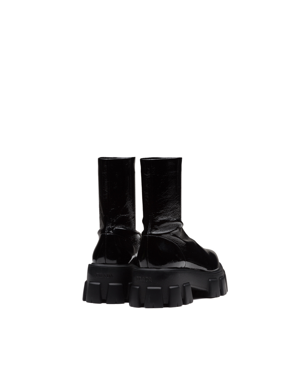 Prada Monolith Pointy Technical Patent Leather Booties Black | 4726NQGVB