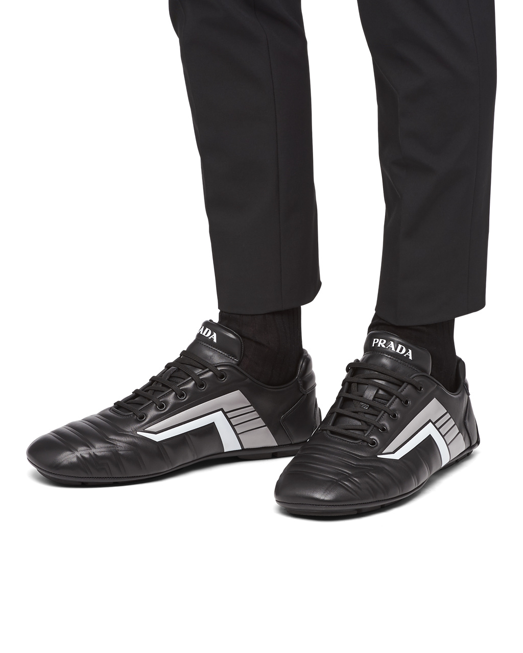 Prada Prada Rev Leather Sneakers Black / Gray | 9162GQEBU