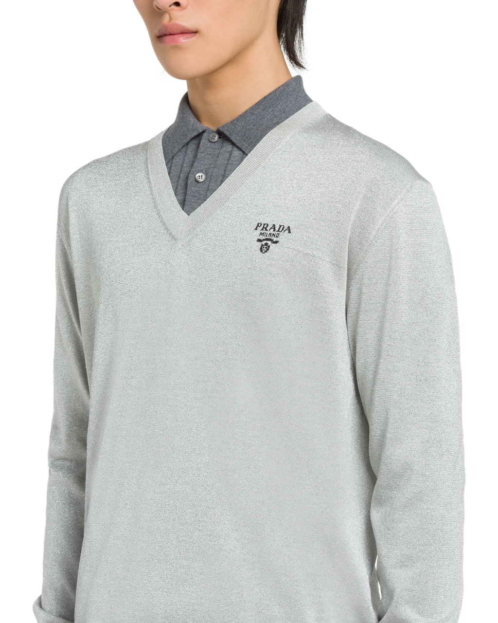 Prada Silk V-neck Sweater Silver | 6590FRKYS