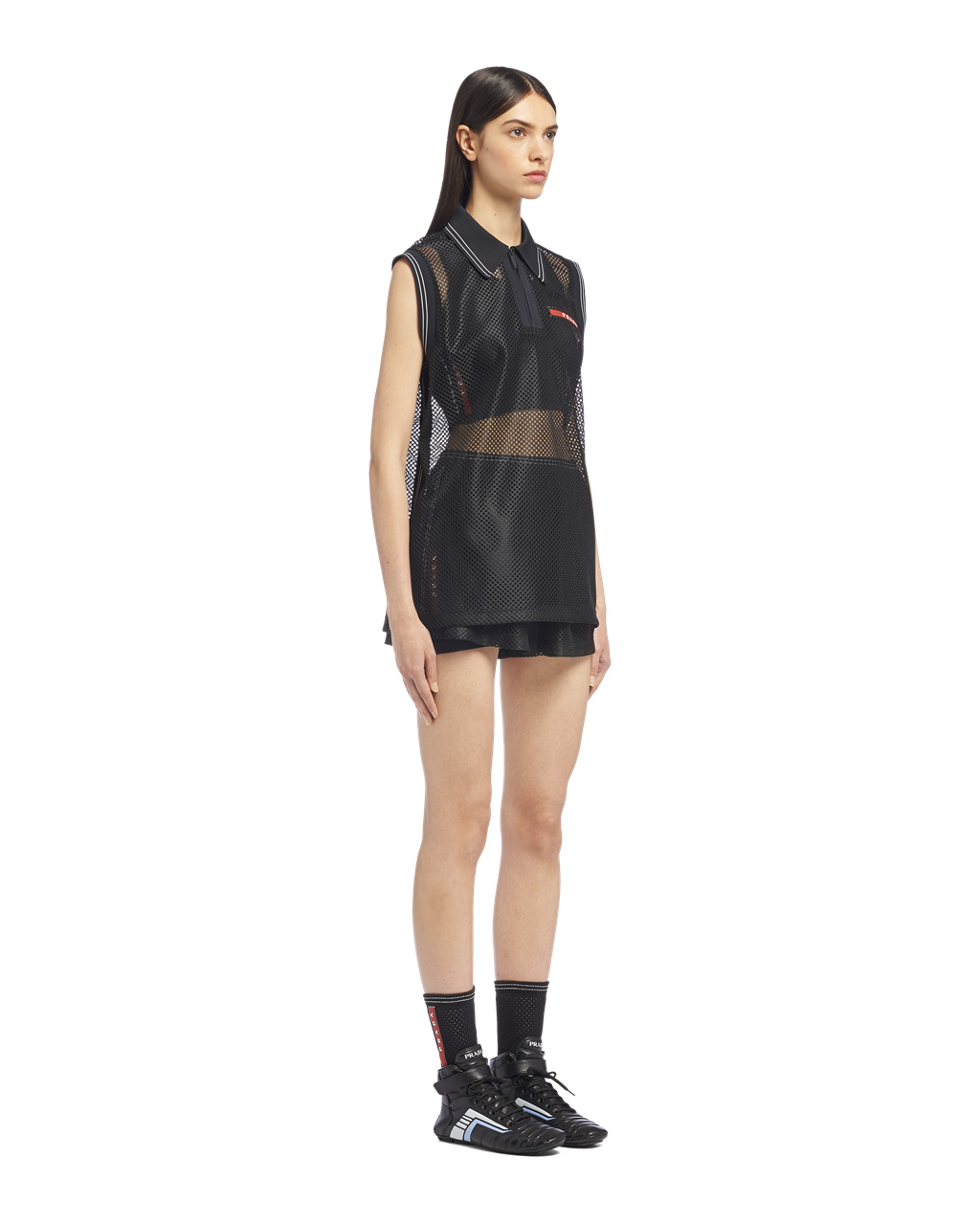 Prada Sleeveless Mesh Polo Shirt Black | 8306DYGIM