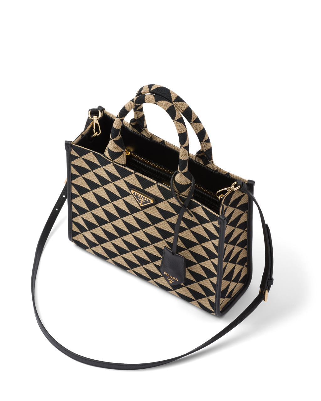 Prada Small Prada Symbole Jacquard Fabric Handbag Black / Beige | 5739ZAWTJ