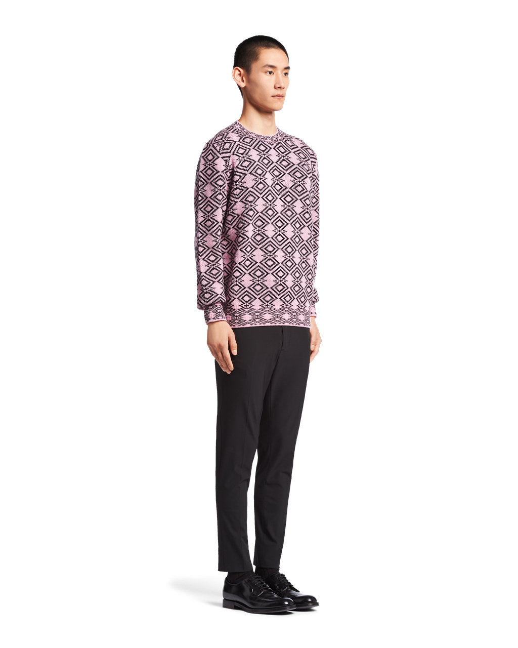 Prada Wool And Cashmere Jacquard Crew-neck Sweater Pink / Black | 5142QJRMV