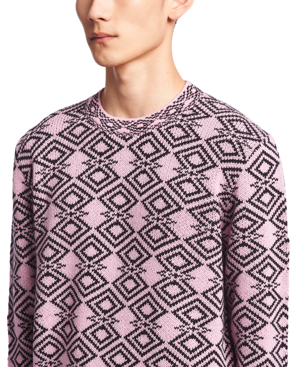 Prada Wool And Cashmere Jacquard Crew-neck Sweater Pink / Black | 5142QJRMV