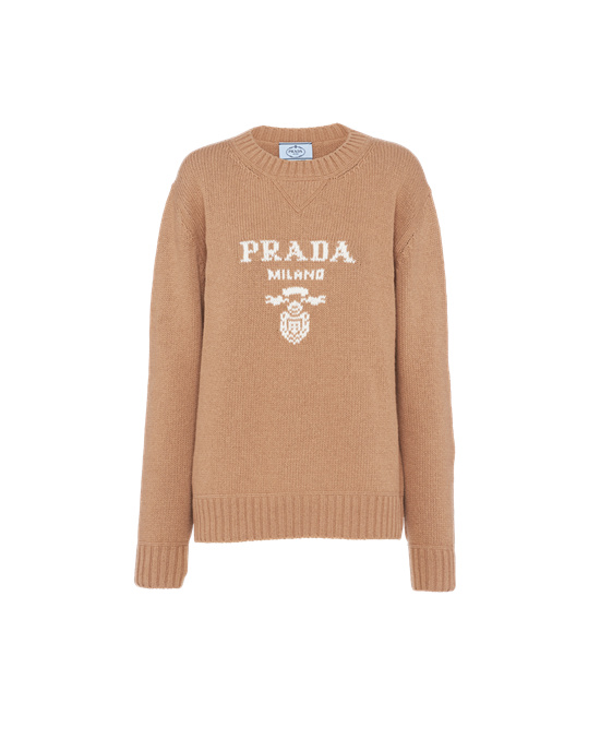 Prada Cashmere And Wool Prada Logo Crew-neck Sweater Camel Brown | 3687GKIRC