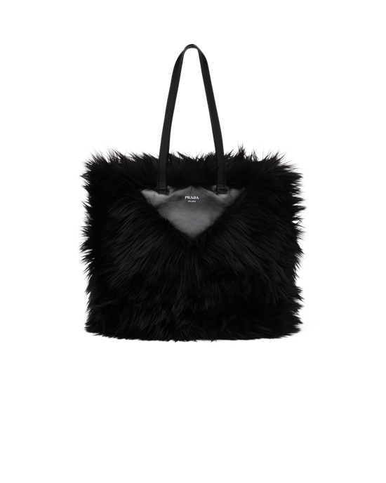 Prada Faux Fur Fabric Tote Bag Black | 7894VNSBD