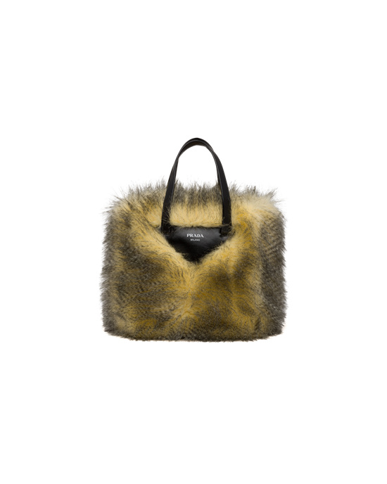 Prada Faux Fur Fabric Tote Bag Pale Yellow / Black | 0782HNMZQ