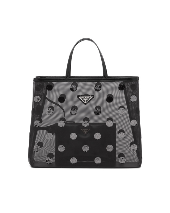 Prada Polka-dot Mesh Tote Bag Black | 3469UYWZM